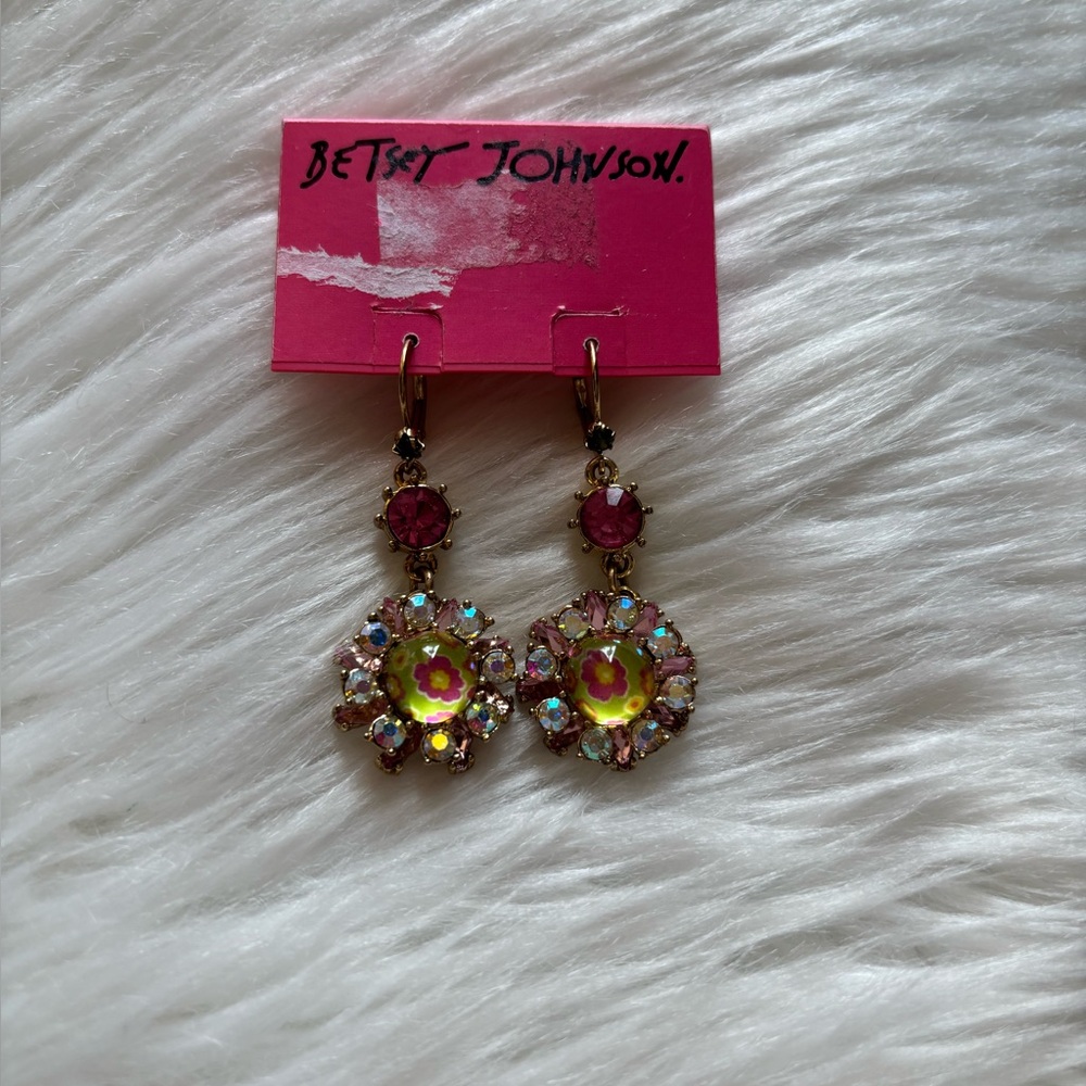 Betsey Johnson Pink and Yellow Floral Crystal Drop Earrings